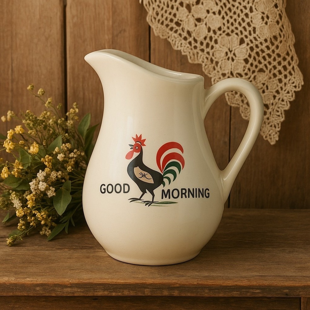 Vintage Farmhouse Rooster Pitcher"Good Morning" Ceramic Milk Jug Country Cottage